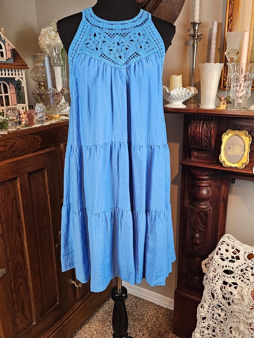 BTFB Blue Tiered Crochet Yoke Sleeveless Midi Dress Large Boho